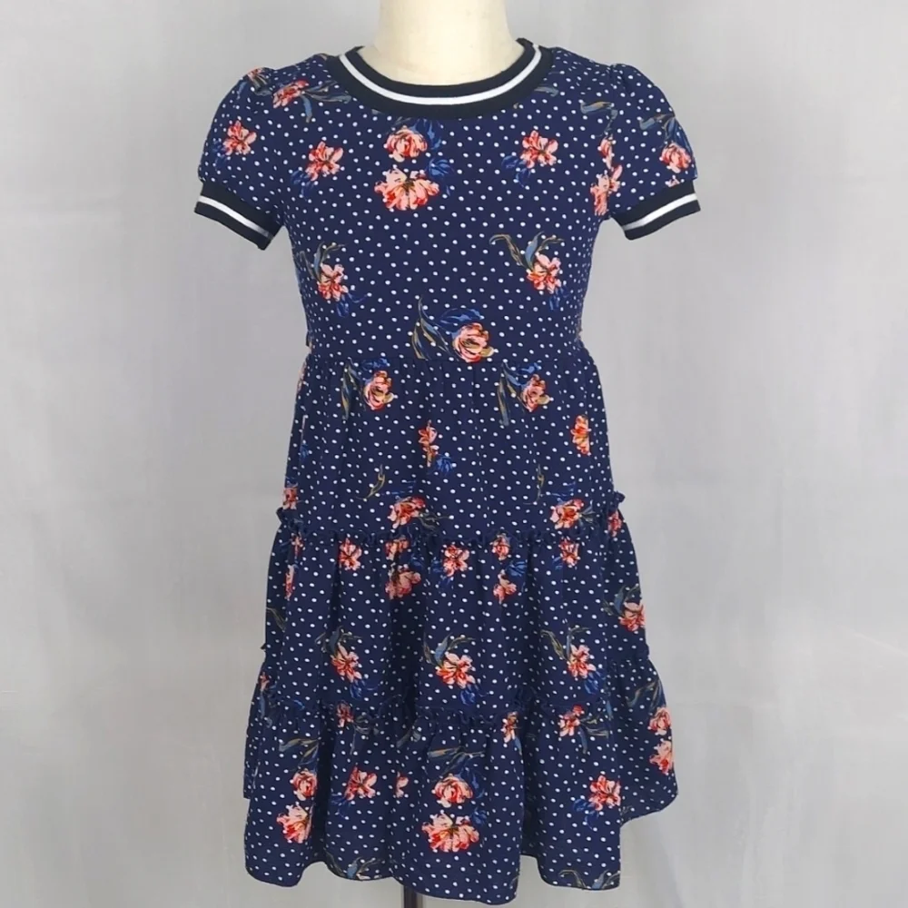 Zunie Floral tiered dress with ruffles tieback polka dot - blue - size 6X